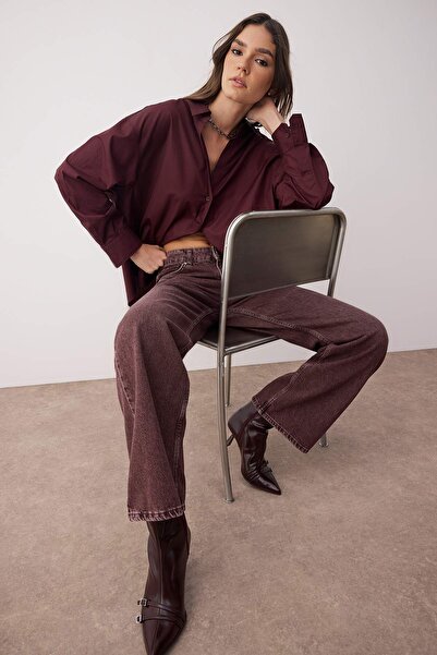 Trendyol Collection Burgundy High Waist Vintage Wash Custom Color Denim Wide Leg Jeans Twoaw26Je00110