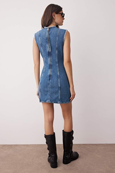 Trendyol Collection Blue Stitching Detail Mini Denim Dress Twoaw26El00193