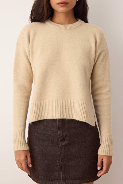 Trendyol Collection Stone Wool Soft Textured Slit Knitwear Sweater Twoaw26Kz00223