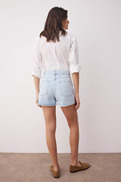 Trendyol Collection Ice Blue Front Button High Waist Mini Denim Shorts Twoss22Sr00112