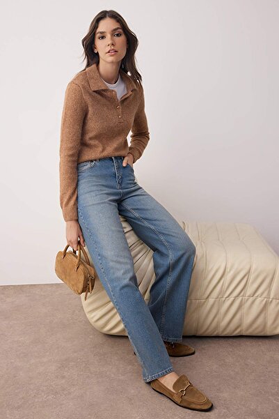 Trendyol Collection Blugi Palazzo albastri cu talie înaltă, confortabili/elastici, cu picioare largi TWOAW26JE00084