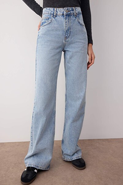 Trendyol Collection Kék, magas derekú, széles szárú széles szárú farmer TWOAW26JE00077