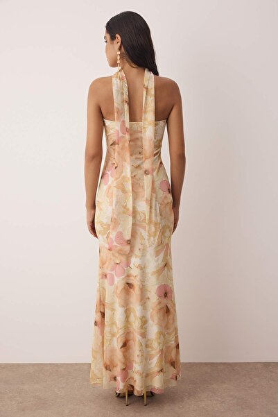 Trendyol Collection Πολύχρωμο φλοράλ πλεκτό τούλι Maxi βραδινό φόρεμα νυχτερινής αποφοίτησης TPRSS25AE00194