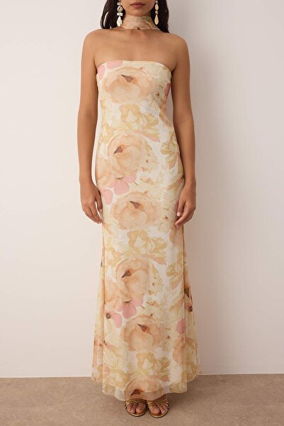 Trendyol Collection Πολύχρωμο φλοράλ πλεκτό τούλι Maxi βραδινό φόρεμα νυχτερινής αποφοίτησης TPRSS25AE00194