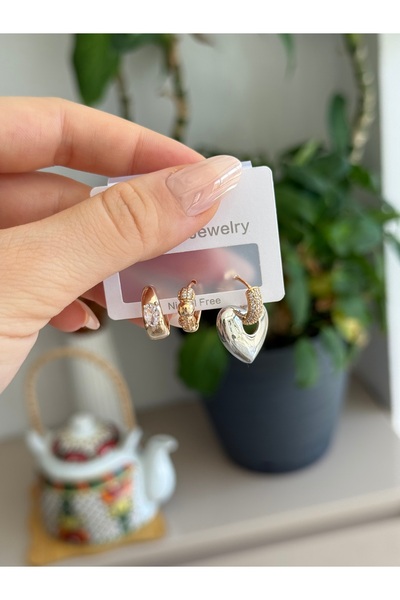 Silya Bijuteri Çelik Sallantılı Halka Küpe Seti – Taşlı Büyük Kalp Detaylı