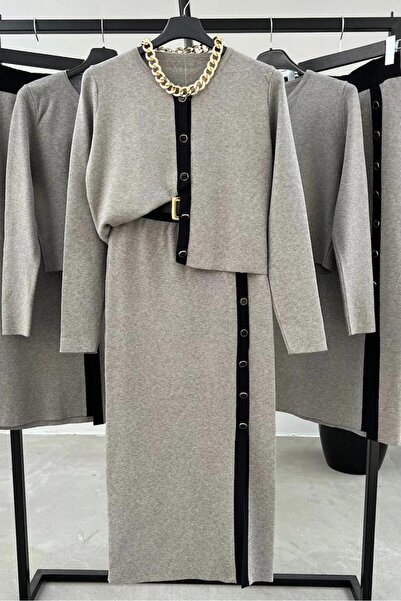 Lusin Kadın Düğmeli Şerit Detaylı Yırtmaçlı Etek Hırka İkili Triko Takım