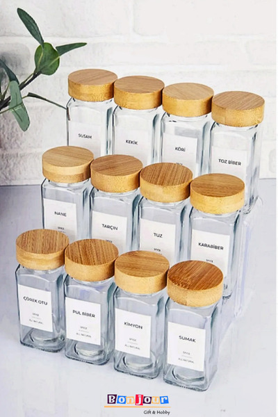 Bonjour Gift & Hobby Set of 12 Square Shape Glass Spice Rack with Bamboo Lids...