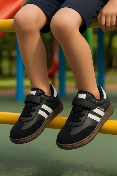 Nstil Daily Black White Unisex Children's Sneaker Lace-Up Lightweight Flexible Non-Slip Sole Shoes 105
