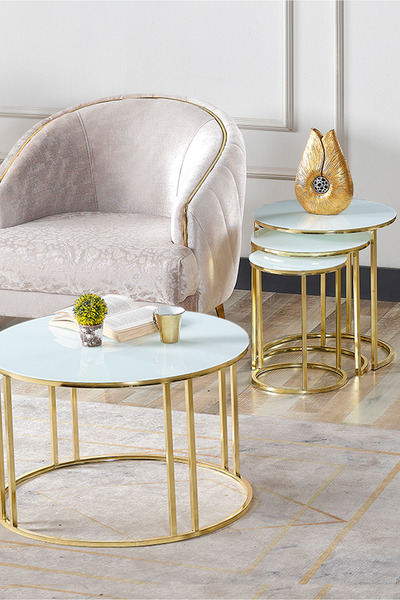 SEDAŞ LIVING UNITS 4 Lü Beyaz Temperli Kırılmaz Cam Gold Metal Ayaklı Cam C M...