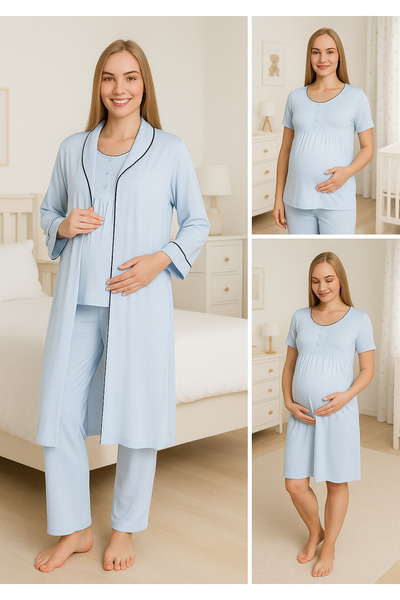 Miss Dünya Lissa Baby Blue Maternity and Maternity 4 Piece Breastfeeding Pajama Set with Morning Dress