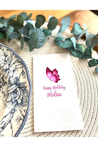 Hediyenza Pembe Kelebek Baskılı Peçete İsme Özel Doğum Günü Happy Birthday Pe...