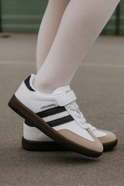 Nstil Daily White Black Unisex Kids Sneaker Lace-Up Lightweight Flexible Non-Slip Sole Shoes 105