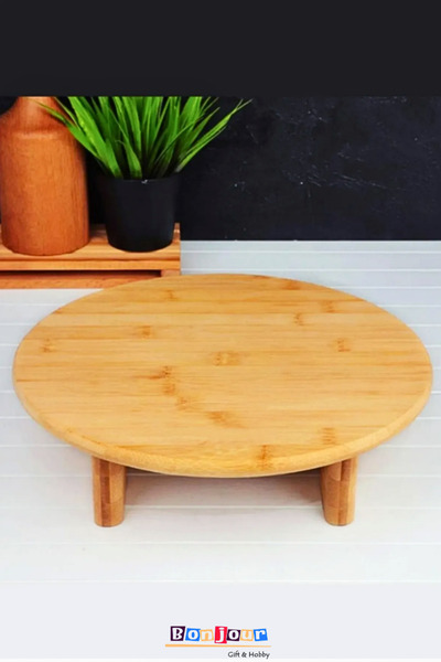 Bonjour Gift & Hobby لوح تقطيع دائري بأرجل من الخيزران مقاس 30 سم طبيعي / خيزران