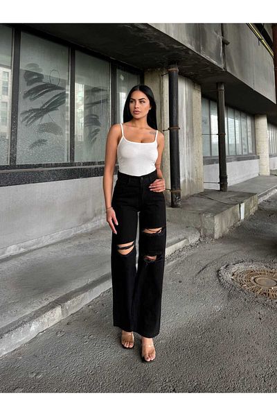 SHEVEGA Women's Black Double Knee Laser Ripped High Waist Loose Leg Jeans Pants