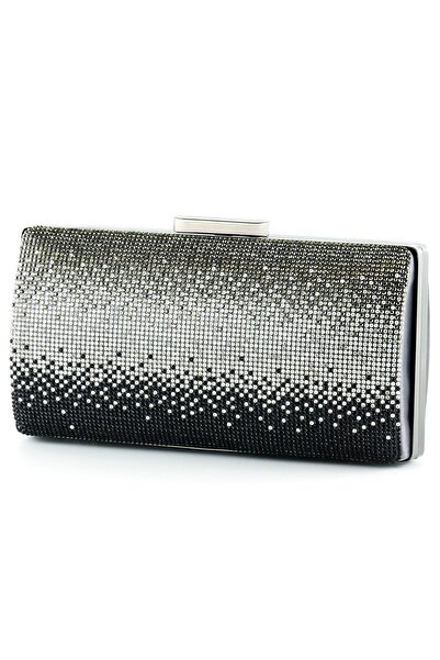 Erkan Saçmacı Anthracite Satin Gradient Crystal Stone Metal Handle Evening Clutch Bag