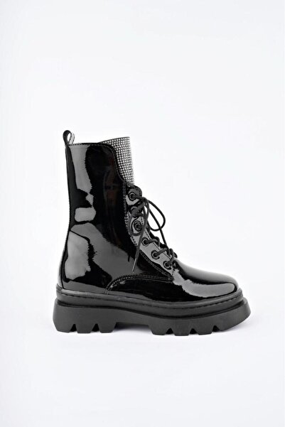 Ramer Siyah Rugan Fermuarlı Bağcıklı Lüks Kız Çocuk Botu