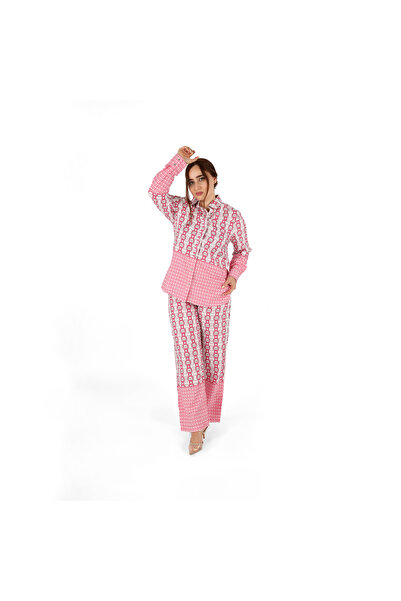 LINELLE طقم بنطلون نسائي منسق - قميص مطبوع وبنطلون بأكمام طويلة.