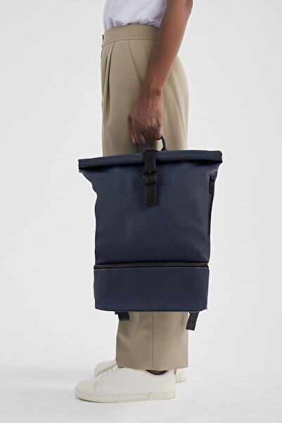 Nordbron Unisex Navy Blue Faux Leather Detailed Waterproof Laptop Backpack - 16 Inch MacBook Compatible