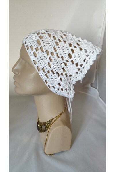 drt tasarım Hand Knitted Crochet Retro White Color Triangle Bandana