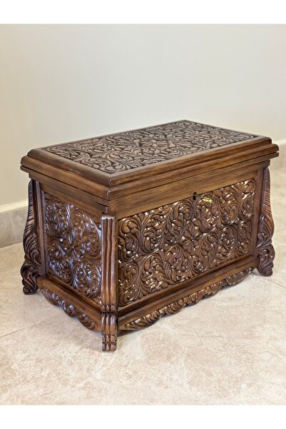 Arıkmert El Sanatları Maraş El Oyma Ceviz Ahşap Çeyiz Sandığı – 50x30x30 cm | Erva Natural Model