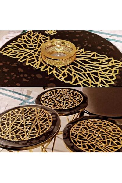 SEHARA Gold 1 Adet Orta Sehpa Runnerı (70X33CM)/3 Adet Zigon Örtüsü(33CM)/ışı...