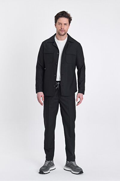 Frappoli Forex Men's Black Lycra Wool Blended Fabric 2-Piece Overshirt Jacket + Jogger Elastic Pants