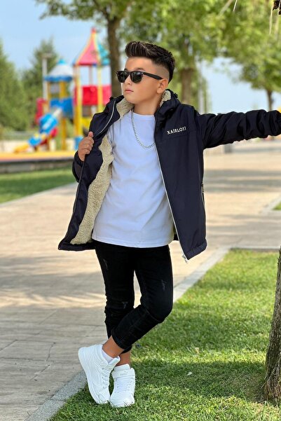 Zaziko Kids Boy's Fixed Hooded Metal Crested Fur Inside Coat Km3987