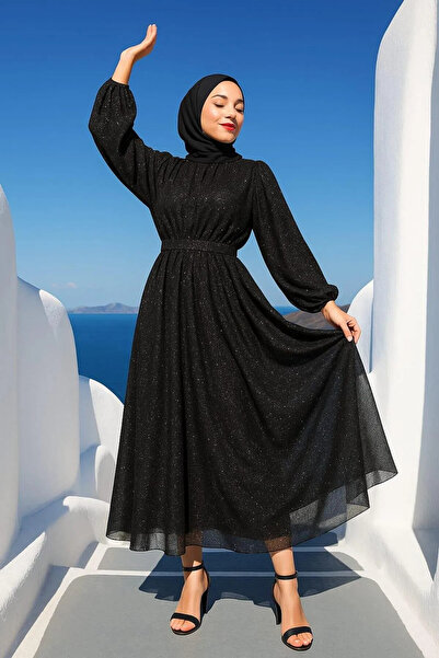 Dm Life Simli Belden Kuşaklı Siyah Tesettür Abiye