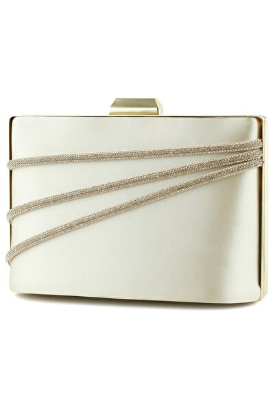 Erkan Saçmacı Geantă de rochie de seară din piele satinată, piatră aurie, mâner metalic, curea cu lanț