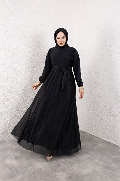 Dm Life Simli Belden Kuşaklı Siyah Tesettür Abiye
