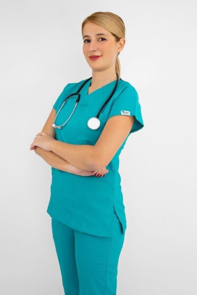 Nur Medikal Giyim Unisex Τιρκουάζ Μπλε Lycra Doctor Nurse Hospital Scrubs Μονόχρωμο μπλουζάκι