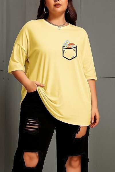 BENROMA Büyük Beden Cep Çiçek Baskılı Unisex Tişört