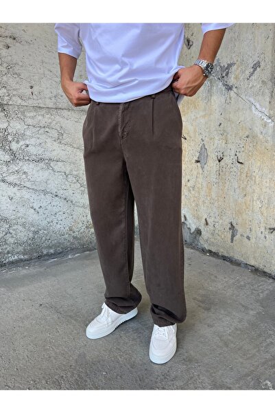 DİFRANSEL Men's Cotton Fabric Coffee Baggy Trousers
