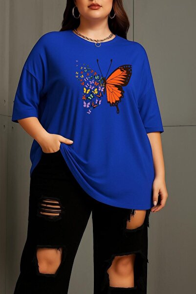 BENROMA Büyük Beden Kelebek Baskılı Unisex Tişört