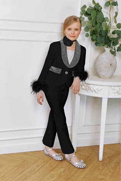 By Feyza Kids Collection By Feyza Girl's 4-Piece Set, Black, Stoned Feather Jacket, Pants, Blouse, Rose Neck, Combination
