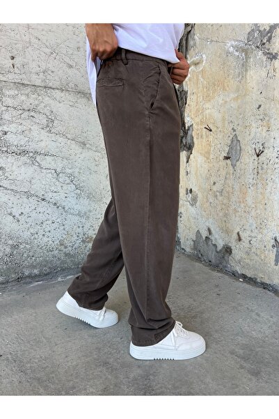 DİFRANSEL Men's Cotton Fabric Coffee Baggy Trousers
