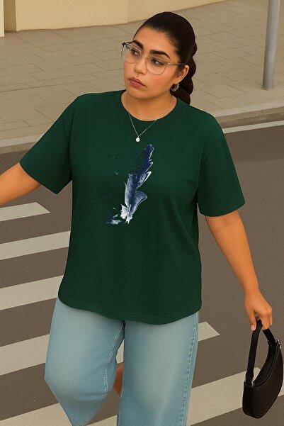 DM DOLCE MORE تي شيرت للجنسين مطبوع عليه ريش أزرق مقاس كبير