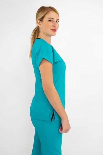 Nur Medikal Giyim Unisex Τιρκουάζ Μπλε Lycra Doctor Nurse Hospital Scrubs Μονόχρωμο μπλουζάκι