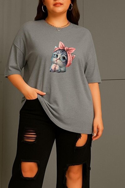 BENROMA Büyük Beden Minnoş Kedi Baskılı Unisex Tişört