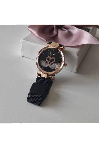 Airmag Ceas magnetic negru pentru femei cu lebede