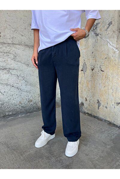 DİFRANSEL Men's Cotton Fabric Navy Blue Baggy Trousers