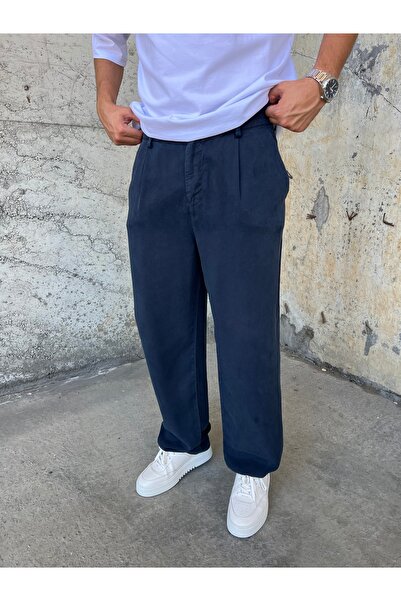 DİFRANSEL Men's Cotton Fabric Navy Blue Baggy Trousers