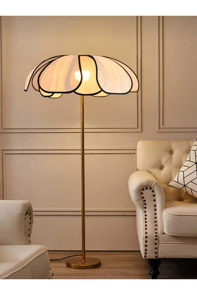 burenze Boheme Modern Tasarım Palm Burenze Dekoratif Lambader Eskitme Gold Gövde Ekru Kumaş Abajur