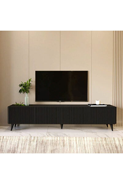 Black Line Siyah TV Ünitesi 160 CM - MDF, Çizgi Kapaklı, Duvara Monte ve Ayaklı, Dolaplı