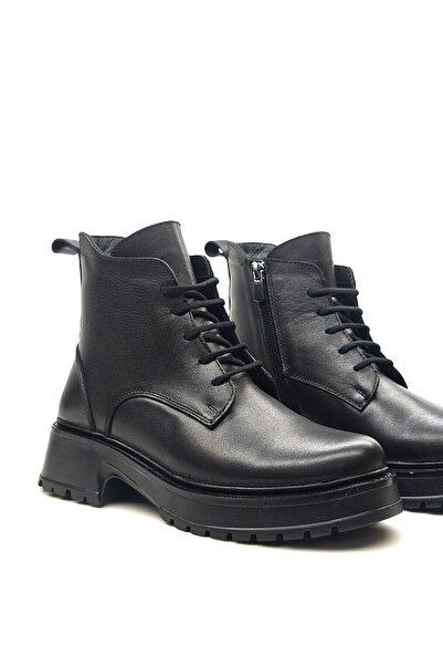 DONDUK Kadın Hakiki Gerçek Deri Bağcıklı Fermuarlı Kısa Siyah Bot