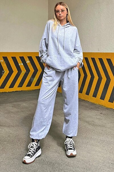 DUBU BUTİK Σετ 2 Basic Plain αθλητικές φόρμες Jogger - Μαύρο γκρι Oversize με κουκούλα