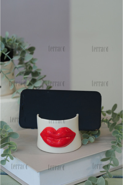 terraco ceramic El Yapımı Seramik Masaüstü Telefon Tutucu Telefon Standı Dudak Kabartmalı