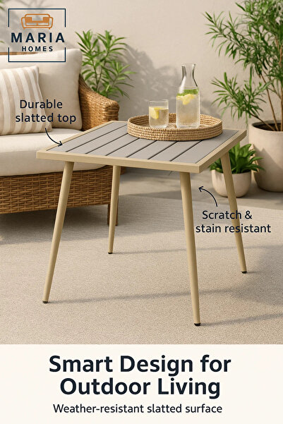 MARIA HOMES Beige Square Side Table with Slatted Top and Tapered Legs