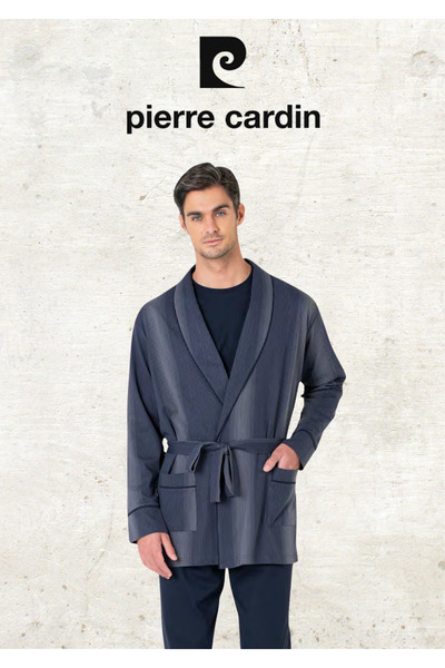 Pierre Cardin Men's 100% Cotton Robdöşambr & Long Sleeve Combed Cotton Pajama Set & Leather Slippers & Belt Wallet Set