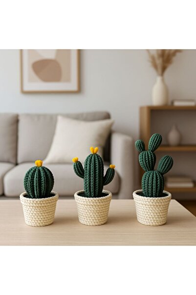 HisConcept Dekoratif 3’lü Kaktüs Seti, Örgü Desenli Biblo, Çevir-Aç Saklama Alanlı, Sarı Uçlu
